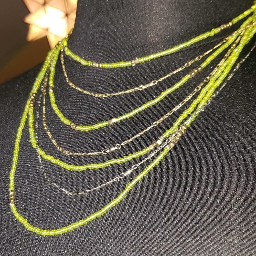 J-Lo Multi- Strand Green And Gold bead Necklace